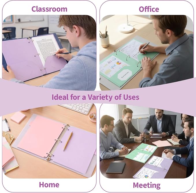 Binditek 6 Pack Pastel Pocket Folders for 3 Ring Binder, Plastic Folders with 2 Pockets, Unique 1/6 Cut Tabs with Colorful Labels, for Office Classroom, Letter Size