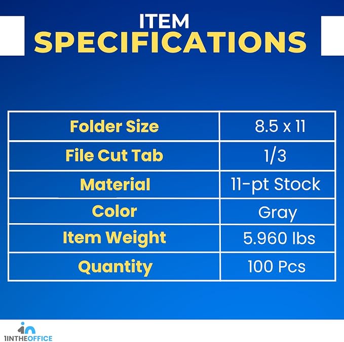 1InTheOffice Gray File Folders, 1/3 Cut Tab, Letter Size Filling Folder, 100 /Pack