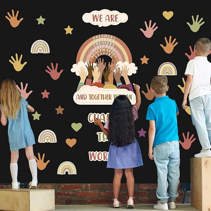 Lonfliness One World Together Classroom Decorations Boho Positive Rainbow Cutouts Motivational Bulletin Board Set Inspirational Classroom Wall Chalkboard Door Decor for Back to School Teacher Supplies