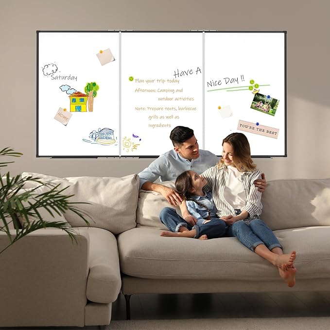Large White Board for Wall,Magnetic Dry Erase Whiteboard,Foldable 118x48 Inches,Black Aluminum Frame, with 3PCS Detachable Marker Trays for Office and Home