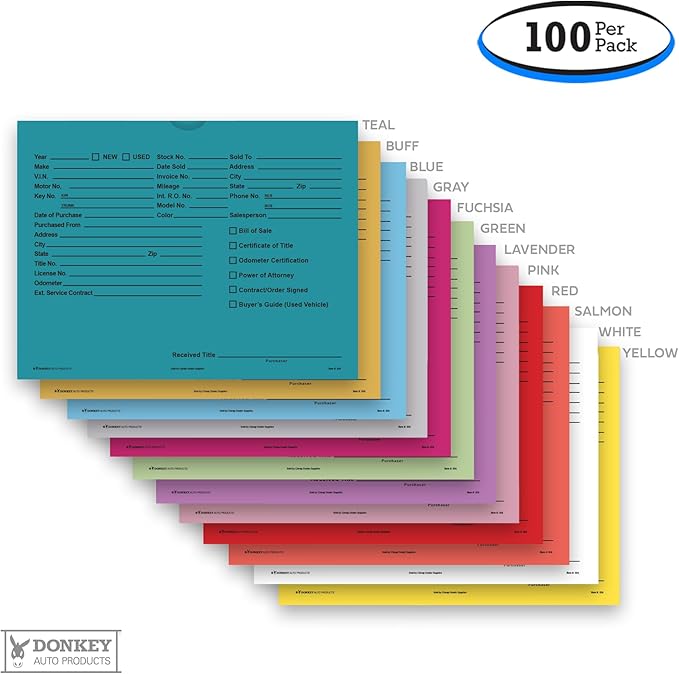 Printed Vehicle Deal Envelopes 9x12 Deal Jackets (100 shrink wrapped) (Teal)