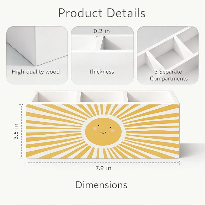 Cute Sun Desk Organizer, Wooden Pen Holder with Smiling Sun Design, Office Desk Accessories, Pencil Holder for Home, Study, School Supplies
