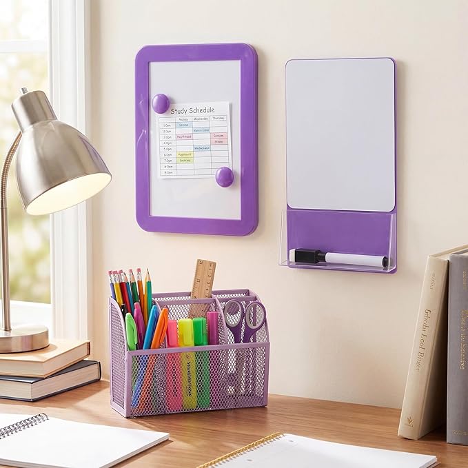 Fuyoooo Magnetic Locker Accessories Back to School Essentials Include Magnetic Mirror with Holder Magnet Mesh Pen Holder Small Whiteboard and Magnet for Office School Locker Organizer(Classic,Purple)