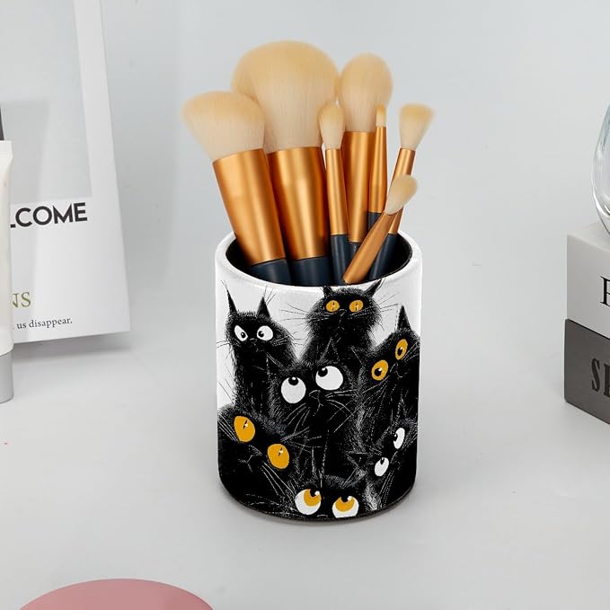 Black Cats Leather Pen Holder for Desk, Multifunctional Desktop Organizer Pencil Cup, Desktop Caddy Stationery Organizer for School Home Office Desk Accessories