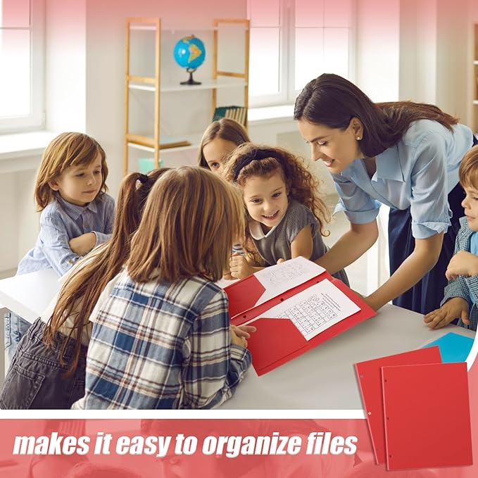 Yeaqee 50 Pcs Plastic Folders with Pockets Bulk 3 Hole Punched 2 Pocket File Folders for 3 Ring Binder Divider Folder for Notebooks, Durable Poly for Office Home (Red)