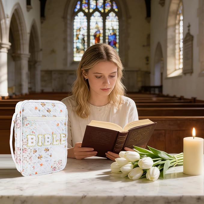 Bible Cover Case for Women, Large Chenille Letter Bible Bag with Handle, Carrying Bag with Tabs 6 Colored Pens 6 Highlighters, Back to School Study Supplies Christian Church Gifts, Spliced Flower