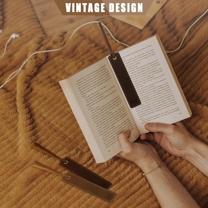 Jack&Chris Genuine Leather Bookmark, Thin Handmade Stitched Bookmarks for Women Men, Classic Style Book Accessories Gifts for Book Lovers Students Writers Readers Teens Adults, Coffee