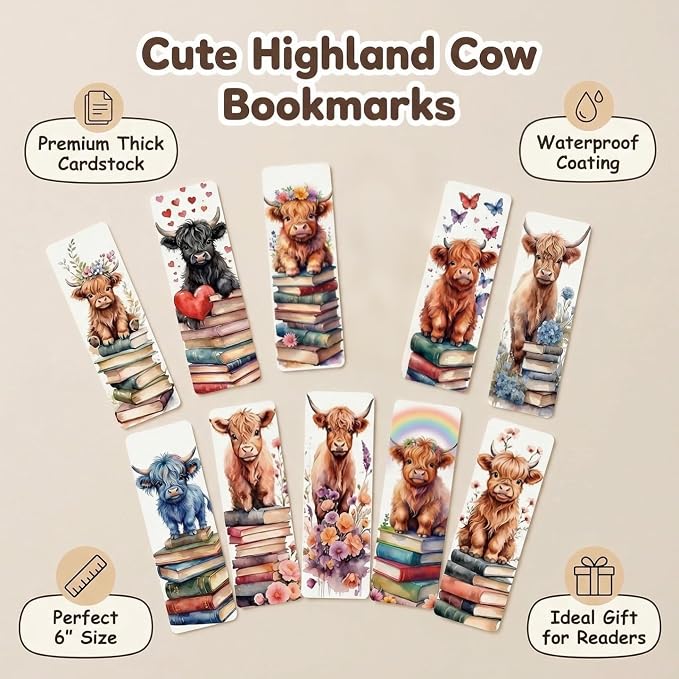Highland Cow Bookmarks (10 Pack), 6''x2'' Cute Bookmarks Gifts for Graduation Readers & Book Lovers Double-Sided Bookmark for Women Men, Matte Laminated Round Corners Page Markers