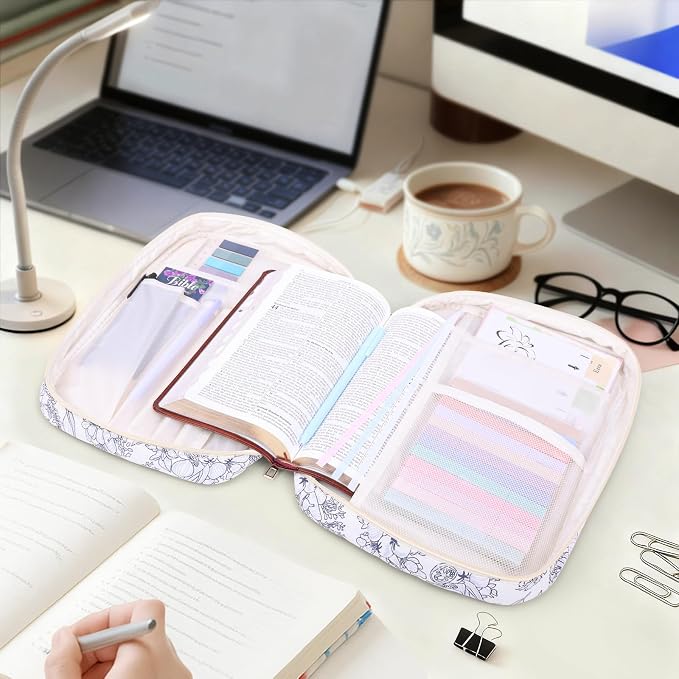 XKDOUS 30 Pcs Bible Bag Kit for Women Quilted Bible Cover Case w/Handle, Tabs, Study Supplies Bible Journaling Kit Large Book Carrying Case Christian Gifts for Mother Lady