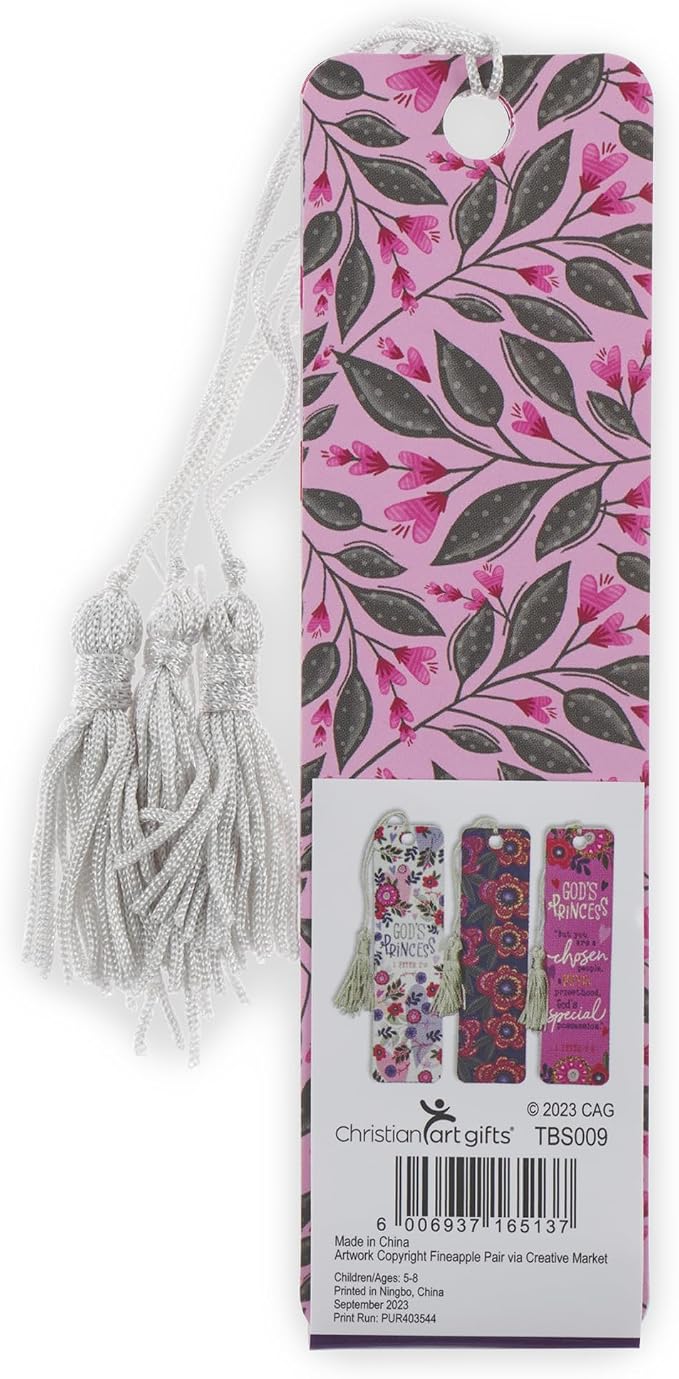 Christian Art Gifts Inspirational 3 Pieces Paper Cardstock Bookmark Set for Girls: God's Princess - 1 Peter 2:9 Encouraging Bible Verse for Reading, Matted Glittered, White, Pink, Purple Floral Hearts