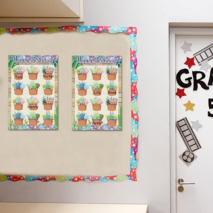 Happy Birthday Chart for Classroom, 2Pcs Birthday Poster Decoration 17’’ x 12’’ Birthday Succulents Calendar Cutouts for School Bulletin Board, Chalkboards, Wall Decor