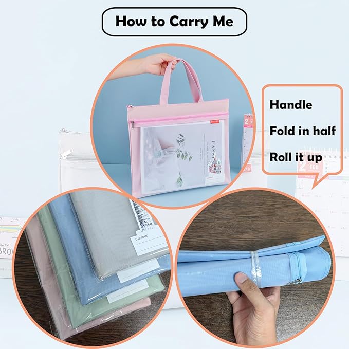 Mesh Zipper Pouch 11x13.7 in, A4 Double Pocket Waterproof File Bag with Handle, Document Storage for School/Travel/Office/Cross Stitch/Puzzle (Gray)