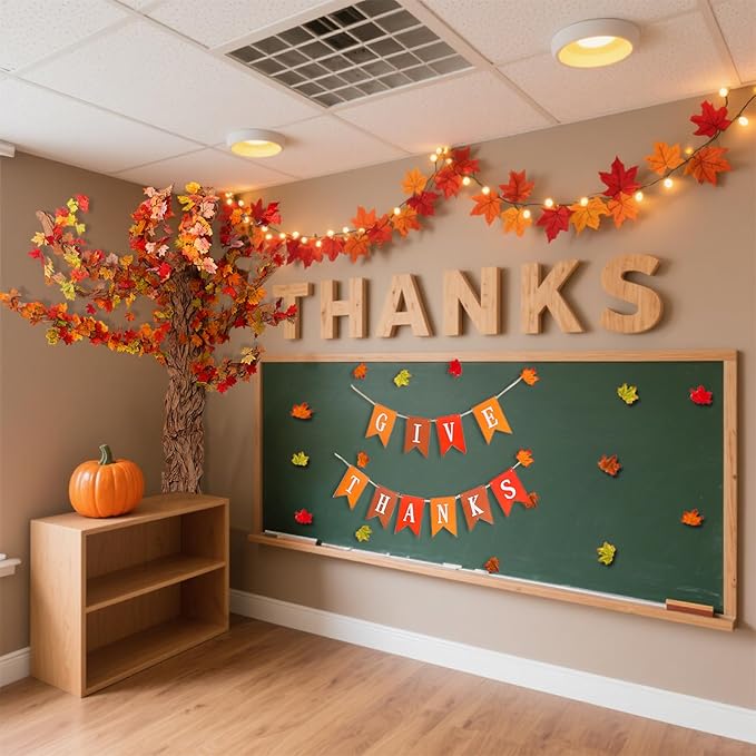 Thanksgiving Classroom Tree Bulletin Board Set Fall DIY 3D Kraft Craft Cardboard Tree with Simulated Maple Leaves Thanks Giving Banner Wall Decor for Autumn Rustic School Elementary Teacher Chalkboard