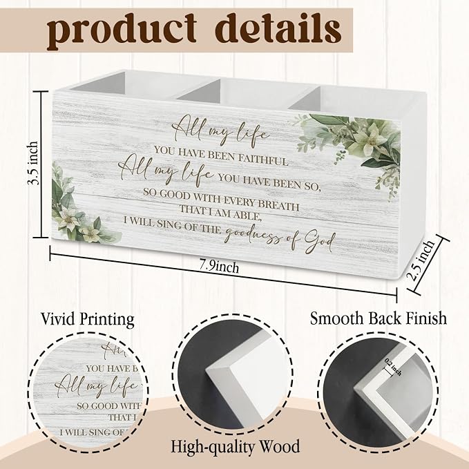 Christian Pen Pencil Holder Organizer for Desk Accessories, Religious Bible Verse Scripture Wooden Box Sign Desk Decor for Home Office Decoration, Christian Office Decor