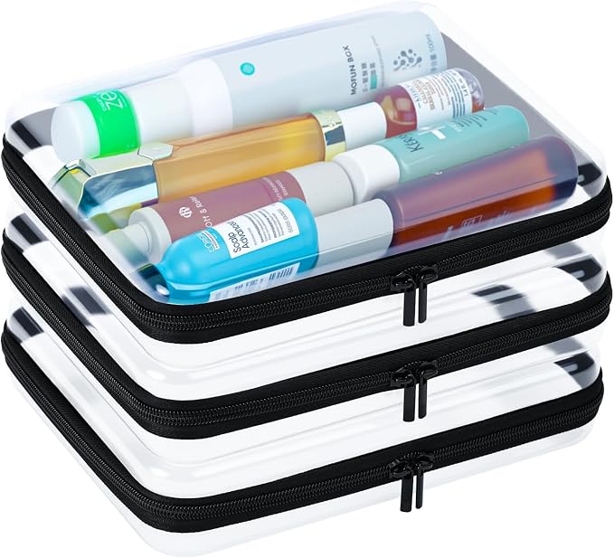 Mihkiom 3Pcs Clear Hard Shell Zipper Case, BIiss Plastic Bins for Organizing, Clear Zipper Pouches Makeup Case & Lidded Storage Bins Organizer for Home Storage Cosmetics, Puzzles