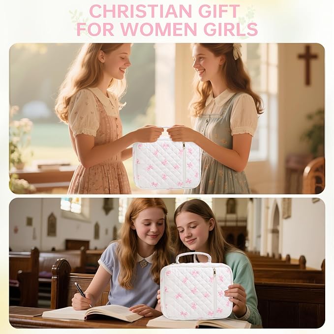 Bible Cover Case for Women Large Bible Cover with Durable Handle Quilted Bible Carrying Case for Girls Bible Study Supplies Accessories (Pink Bow, Pink Bow)