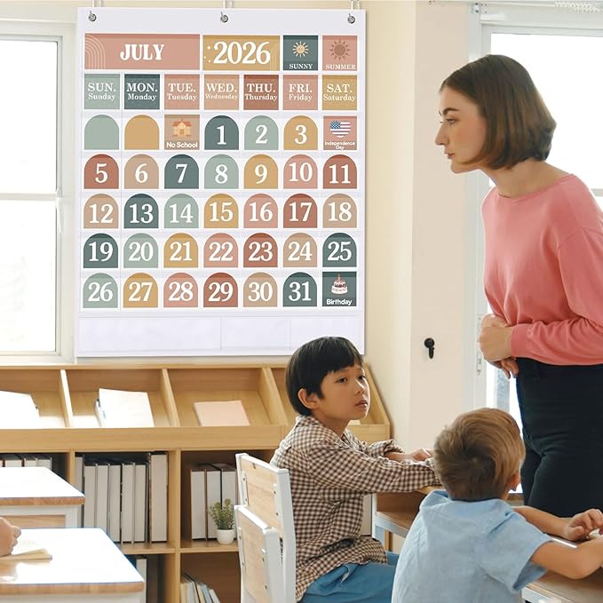 Sinload Classroom Calendar Pocket Chart Set Calendar Bulletin Board Set Seasons Festival Weather Pocket Chart for Classroom Decoration Back to School Supplies(Modern Boho 2,White)