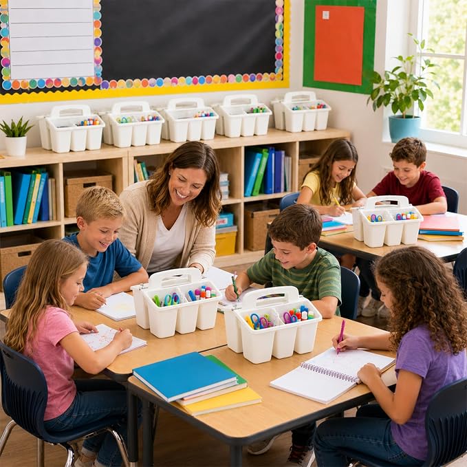 gisgfim 8 Pack Classroom Caddy Storage Basket with Handle 4 Compartment Storage Caddy Plastic Arts Crafts Caddies Protable Classroom Craft Caddies for Kids Schools Art Craft Supplies(White)