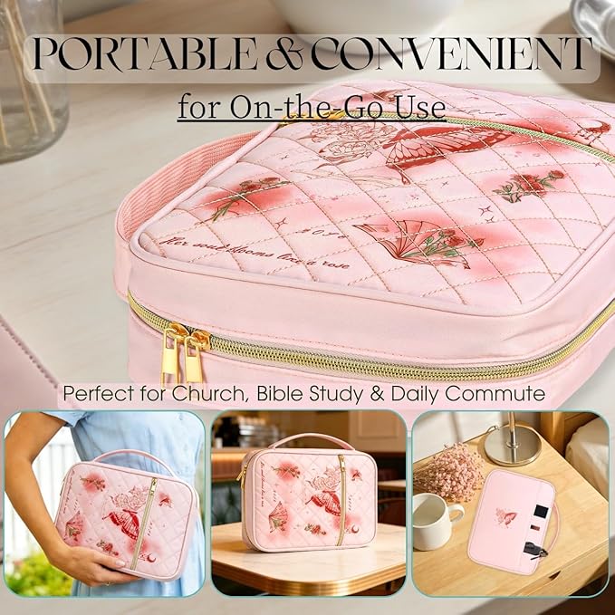 Pink Bible Cover Case: Mothers Day Gifts Large Quilted Bible Bag with Multi Pockets 26 Pcs Study Supplies Journaling Kit, Durable Book Carrying Cases Presents with Butterflies Rose Print