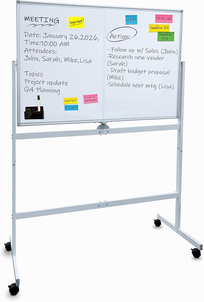 A AIRLLEN Rolling Whiteboard - 48x32 Double Sided Magnetic Dry Erase Board with One-Click Flip Button, Mobile Standing White Board for Teaching, Brainstorming & Office Presentations
