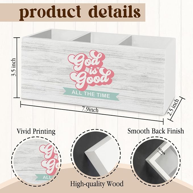 Inspirational Christian Pen Pencil Holder Organizer for Desk Accessories, God Is Good Bible Verse Religious Wooden Box Sign Desk Decor for Home Office Decoration, Christian Gifts for Women