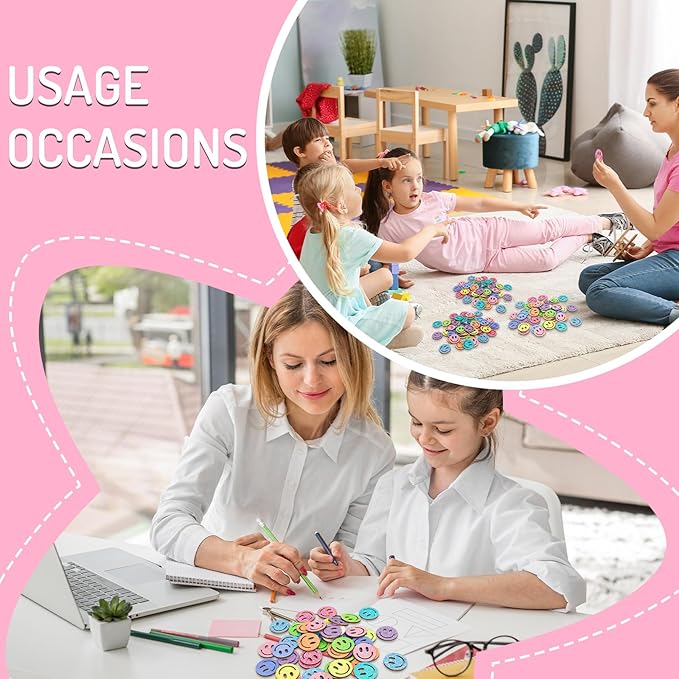 FYSUIMU 45 Pcs Glitter Smile Extra Tokens for Reward Jar Colorful Happy Face Wooden Cutouts Tokens with Linen Pocket for Back to School Classroom Student Teacher