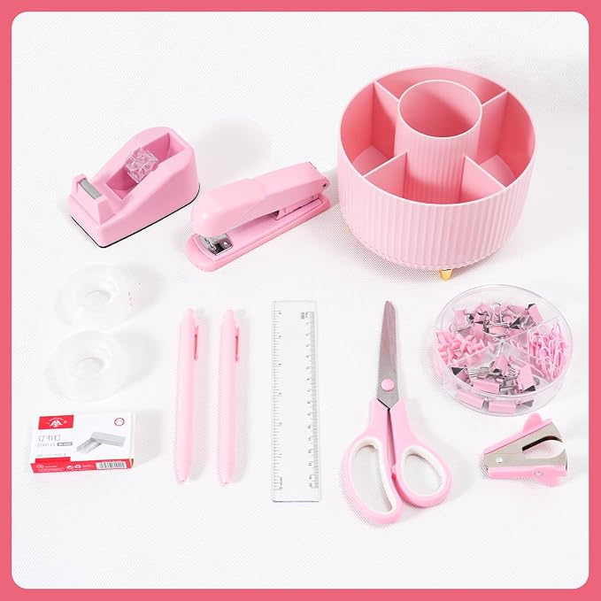 Gawsey Pink Desk Organizers and Accessories with Desk Organizer 360° Rotating Pen Holder and Office Supplies, Cute Stationery Supplies Set