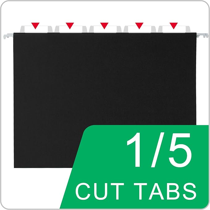 VZCPYTPM 50 Pack Hanging File Folders,Letter Size 8.5x11 Inch,Black Hanging Folders for Filing Cabinet,Reinforced Rods for Smooth Gliding,1/5 Adjustable Tabs & Inserts,Ideal for Home,Office & School