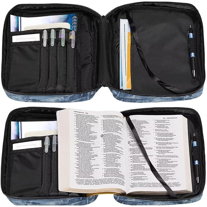 Coldinair Denim Cat Bible Cover Case for Women Men,Carrying Book Cover Bible Holders with Handle and Zippered Pocket,Fits for Standard/Large Size Bible