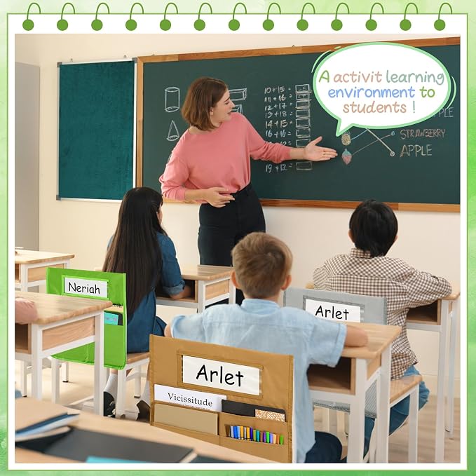gisgfim 12 Pcs Chair Pockets for Classroom 16.7 x 19.3 Inch s with Name Tag Chairback 3 Pockets Chairs Seat Back Organizer for Elementary School Daycare Home Supply (Greenery)