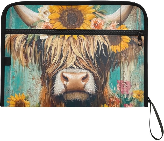 ALAZA Cow and Sunflowers Expanding Filing Folder, 13 Pockets Expandable Document Organizer Folder with Zipper Closure for Home Office A4 Letter Size Paper Document