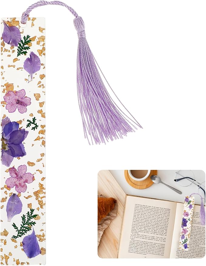 Dimeho Dried Flower Book Marks Tassels Clear Floral Bookmarks Durable Handmade Cute Resin Page Marker Pretty Book Marking Holder Gift for Women Bookworm Book Lovers Increasing Reading Interest(purple)