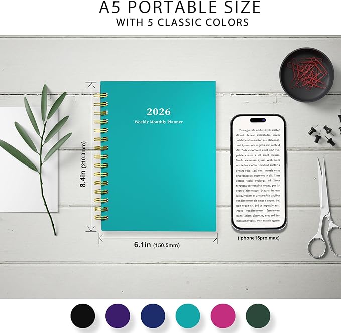 Ymumuda 2026 Planner, Daily Weekly and Monthly Planner,Jan 2026 - Dec 2026, 8.4" x 6.3", 2026 Calendar Planner Book with Tabs, Spiral Notebook with Inner Pocket for Office Home School Supplies