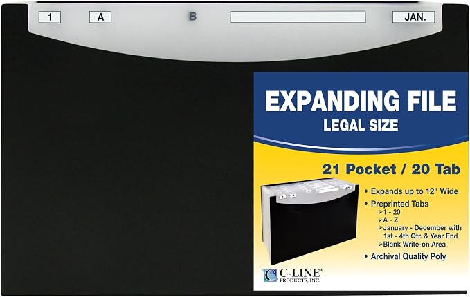 C-Line 21-Pocket Stand-Up Design Expanding File, 12" Expansion, 21 Sections, 1/5-Cut Tabs, Legal Size, Black