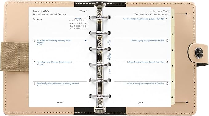 Filofax The Original Organizer, Pocket Size, Patent Nude - Leather, Six Rings, Week-to-View Calendar Diary, Multilingual, 2025 (C026085-25)