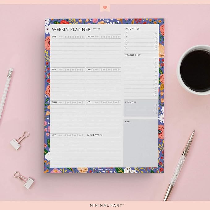 Weekly Planner with 52 Undated 8.5 x 11 Tear-Off Sheets, Floral Weekly Vibrant Calendar, Organizer, Scheduler, Productivity Tracker, Priority Task, Weekly Goal, to-do List