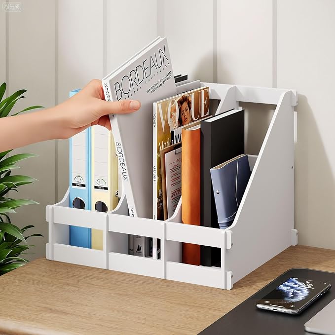 Bamboo Desktop Magazine Holder Desk File Organizer 3 Compartments Vertical File Dividers Book Holder Frames Document Cabinet Rack Storage Organizer Box for Home Office School Black (White)