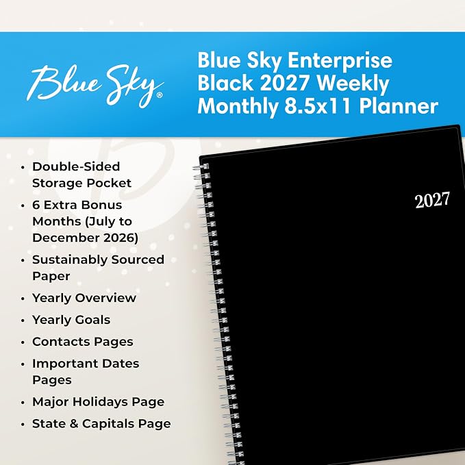 Blue Sky 2027 Weekly and Monthly Planner Calendar, Includes January 2027 - December 2027, 8.5" x 11", Flexible Cover, Wirebound, Laminated Tabs, Storage Pocket, Enterprise