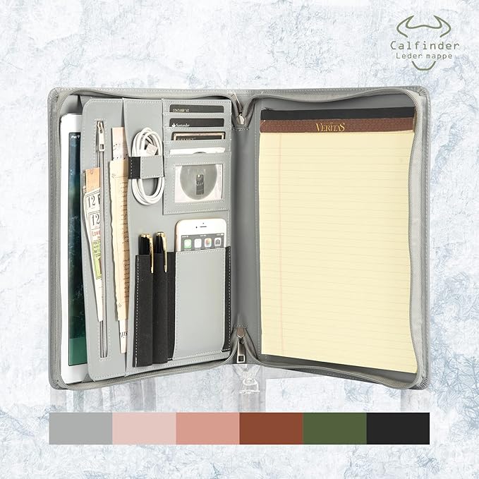 Calfinder Portfolio Binder with Zipper, Vegan Leather Padfolio for Women and Men, Business Portfolio Organizer Folder, Business Padfolio with A4 Writing Pad holder, Resume folder,Portfolio Binder Organizer