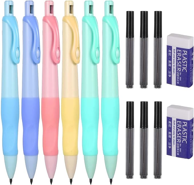 Mechanical Pencils Thick Pencils with Comfort Ergonomic Grip, Aesthetic Supplies with 6 Leads Refills, 2 pcs Erasers - 6PCS Colorful 2.0MM Pencil for Writing & Drawing