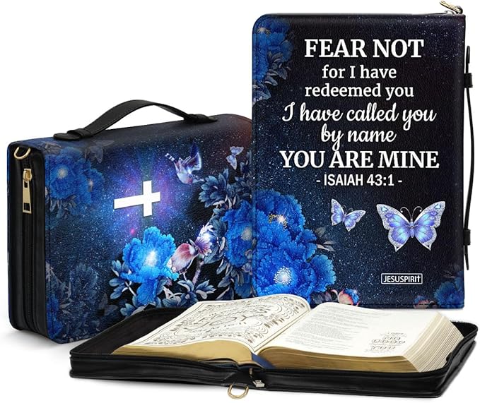 Jeuspirit Bible Covers - Leather Bible Organizer Case - Bible Book Carrier Bag With Zipper - Christian Gifts For Women - Bible Holder Bag, Bible Carrying Case Large Size (Fear Not)
