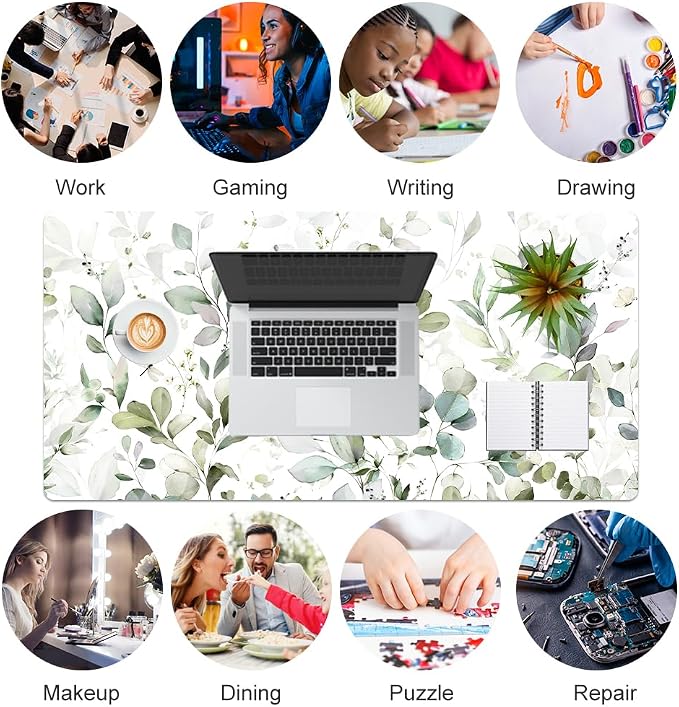QIYI Large Mouse Pad, Extended Desk Mat for Desktop, PU Leather Waterproof Gaming Mousepad, Computer Desk Accessories Protector Writing Pads for School Office Home 31.5" x 15.7" - Soft Green Foliage