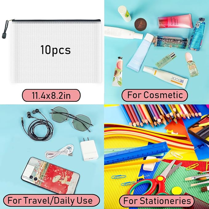 10 Pcs Zipper File Bags, Waterproof Plastic Mesh Pouch for Office School, Board Game Storage Bags (B5 Size 11.4''x8.2'', White and Black)