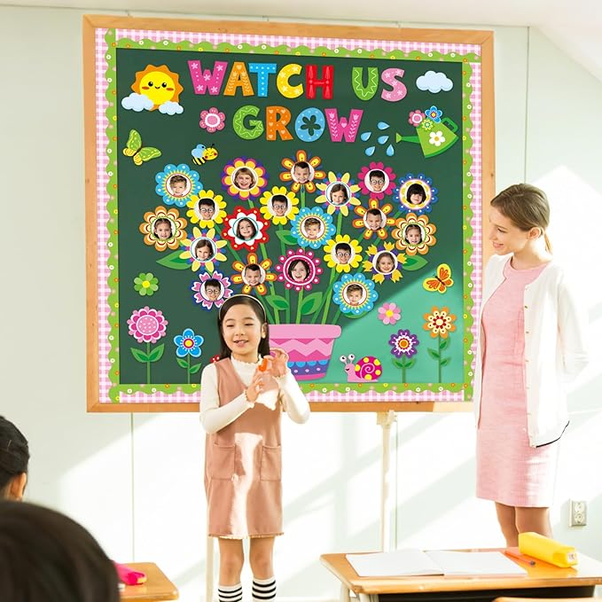 Spring Theme Bloom Flower Bulletin Board Set Watch Us Grow Classroom Decor Spring Floral DIY Photo Craft Cutouts Inspirational Bulletin Board for Back to School Classroom Wall Decor Party Supplies