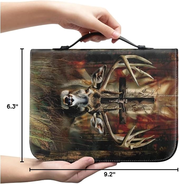 Leather Bible Cover, Carrying Bible Book Bag Church Case,Bible Protective with Handle for Men Women,Gothic Style Deer and Cross,Small