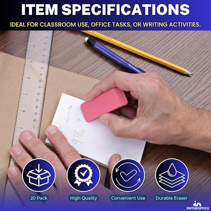 1InTheOffice Pink Bevel Eraser, Block Erasers, Slanted-Edge Rectangular Block, Large, 20 Pack