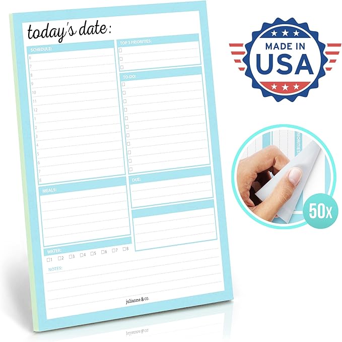 JULIANNE & CO Daily To-Do Undated Tear-Away Planner Notepads - Premium Personal Organizer for Home, Office, Work, School - 50 Pages for Daily Tasks, Notes, Water Intake and Meal Prep (8.5 x 11)