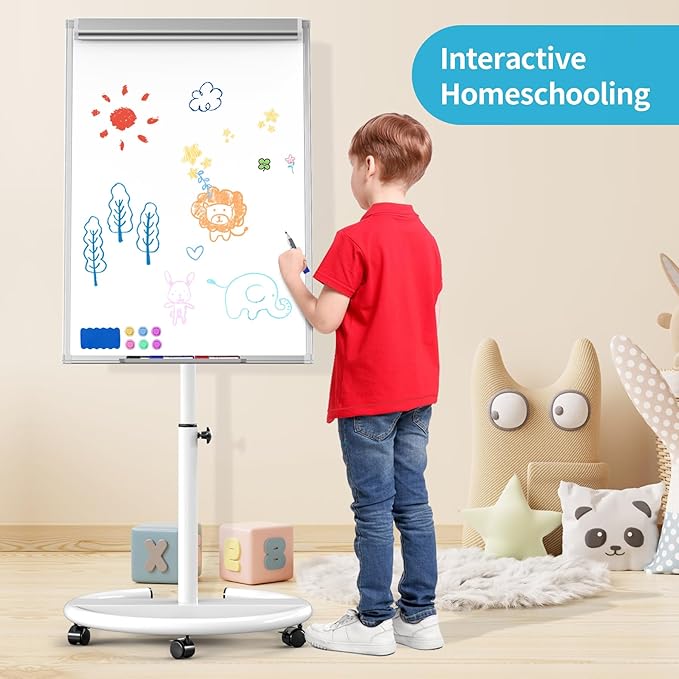 40 x 28 Inch Mobile Magnetic Whiteboard on Wheels, Height Adjustable Dry Erase Board Easel with Flipchart Paper Pad, Rolling Stand for Classroom, Office Meetings & Workshops, White