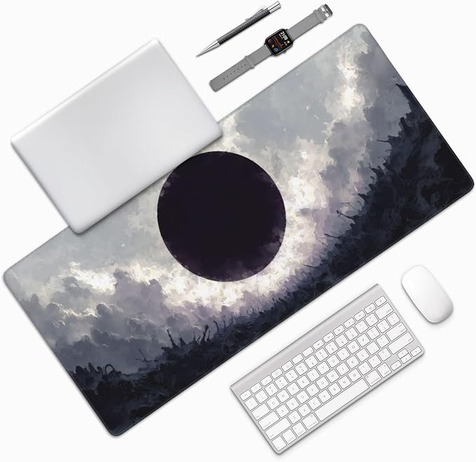 Large Gaming Mouse Pad, 35.4x15.7 Inch Dark Eclipse Fantasy Desk Mat with Non-Slip Base and Stitched Edges for Computer Keyboard and Mouse