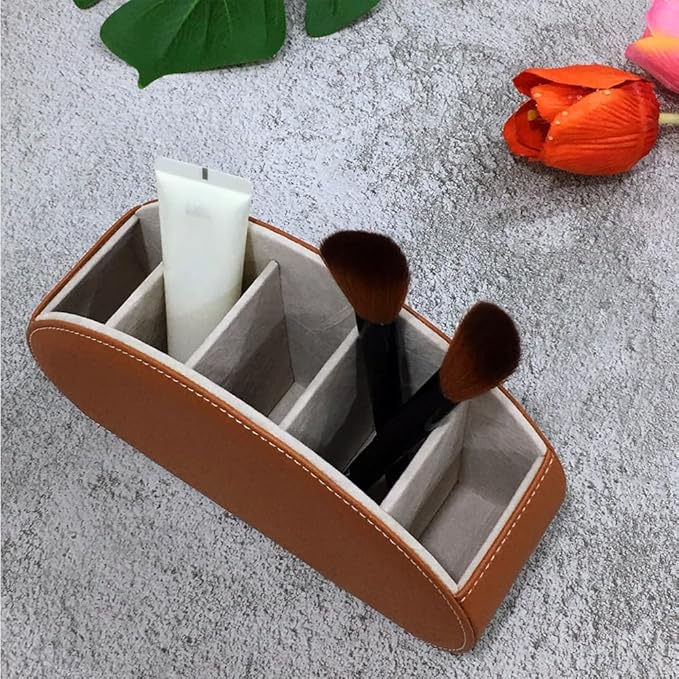 Remote Control Holder Organizer - Table Desk Leather Storage with 5 Spacious Compartments (Brown)